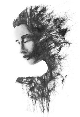 Paintografi tekniğinde soyut doğrusal boyayla birleştirilmiş siyah beyaz profil portresi.