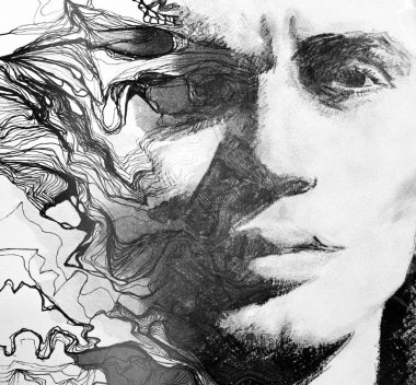 Paintografi tekniğindeki soyut desenle birleştirilmiş siyah beyaz bir erkek yüzü.