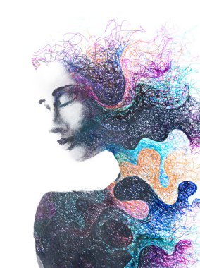 Bir kadın profilinin renkli bir portresi. Paintografi tekniğindeki soyut ve soyut bir desen ile birleştirilmiş.