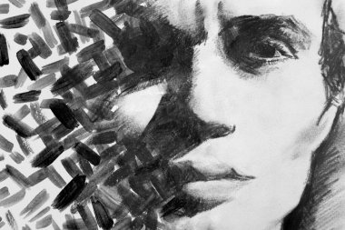 Paintografi tekniğindeki soyut fırça darbeleriyle birleştirilmiş siyah beyaz bir portre.