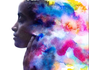 Bir kadının portresi soyut bir suluboya ile birleştirilmiş.