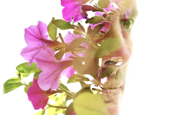 Egy Színes Portré Egy Férfiról Kombinálva Egy Fotóval Virágokról Kettős — Stock Fotó
