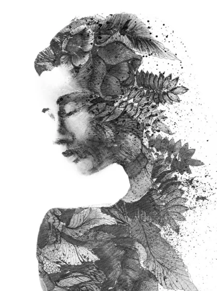 Czarno Biały Portret Połączony Abstrakcyjnym Malarstwem Liściastym Technice Malarskiej — Zdjęcie stockowe