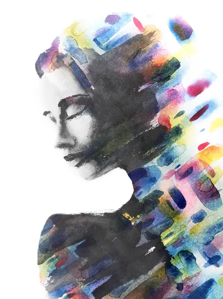 Ein Schwarz Weiß Gemälde Eines Frauenporträts Kombiniert Mit Einer Farbenfrohen — Stockfoto