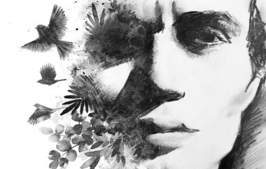 Paintography tekniğindeki bir adamın gerçek üstü siyah beyaz portresi.