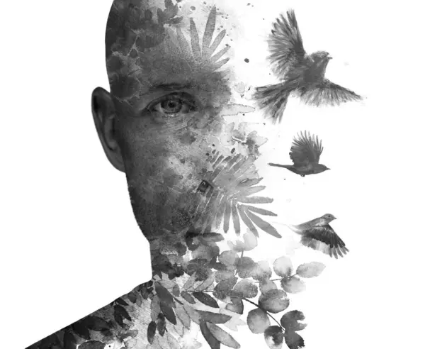 Retrato Conceitual Preto Branco Homem Combinado Com Uma Pintura Pássaros — Fotografia de Stock