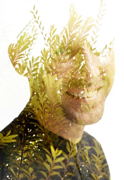 Portrait Smiling Man Combined Photo Fresh Green Branches Double Exposure — Stock Photo, Image