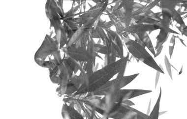 Gözü kapalı bir adamın siyah beyaz portresi. Çift pozlama tekniğindeki yaprakların fotoğrafıyla birleştirilmiş.