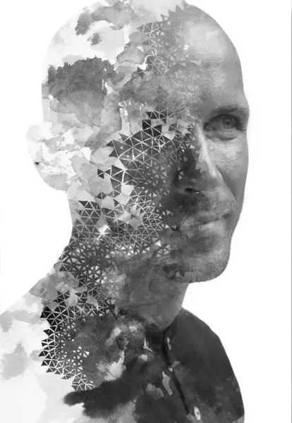 Абстрактный Портрет Человека Смотрящего Боком Сочетании Графической Живописью Технике Двойной Стоковая Картинка