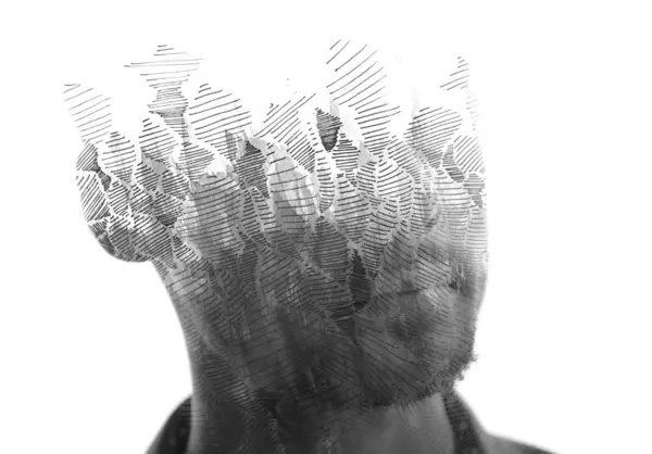 Черно Белый Мужской Портрет Сочетании Графическим Рисунком Технике Двойной Экспозиции — стоковое фото