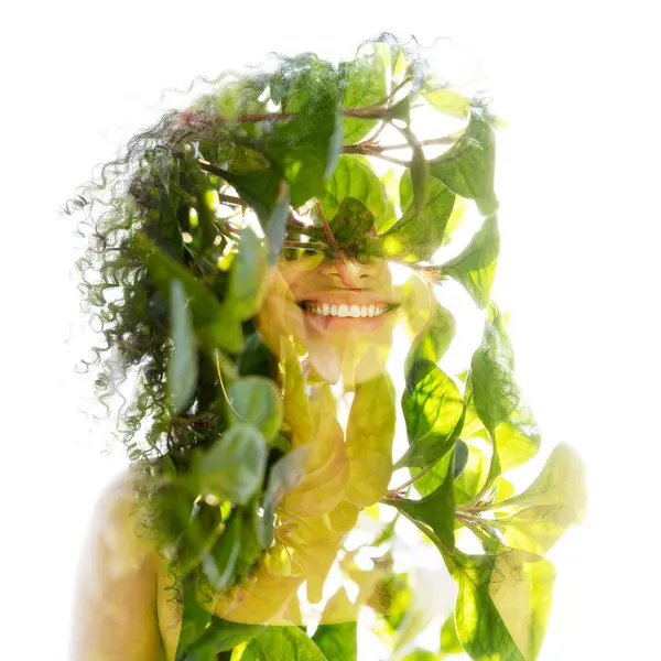 Portrait Young Smiling Girl Full Front Combined Photo Green Foliage — Stock Photo, Image