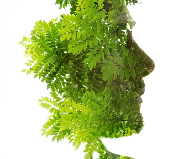 Крупный План Лица Человека Сочетании Фотографией Свежих Зеленых Листьев Технике Лицензионные Стоковые Фото