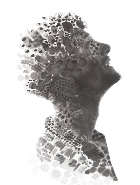 Eine Männerprofil Silhouette Verschmolzen Mit Abstrakten Tintenmustern Einer Doppelbelichtung Stockbild