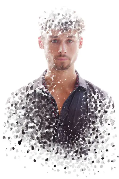 Young Mans Full Front Portrait Combined Black Ink Pointelle Texture — Stock Photo, Image
