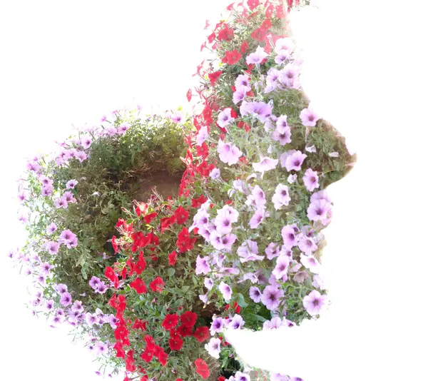 Profil Sziluett Kombinálva Egy Kép Színes Virágok Kettős Expozíciós Technikát Jogdíjmentes Stock Fotók