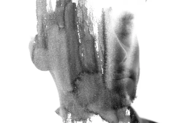 Портрет Молодої Людини Закритими Очима Поєднанні Експресивними Штрихами Пензля Техніці Стокова Картинка