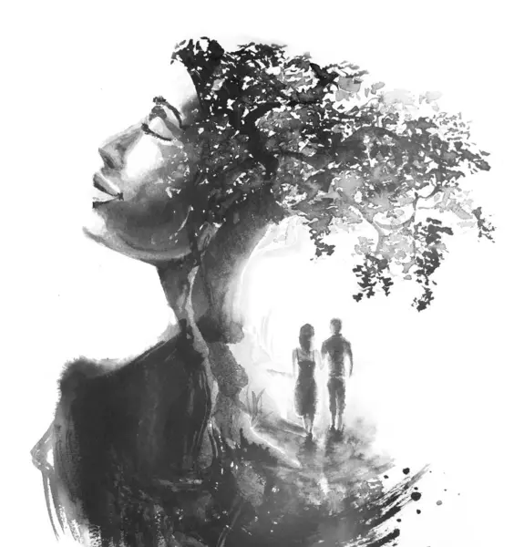 目を閉じた女性の黒と白のプロフィールのコンセプト 二重露出技術の木の下のカップルのシルエットの絵と組み合わせる ストックフォト