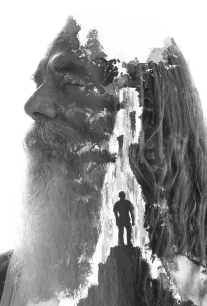 Černobílý Portrét Muže Zavřenýma Očima Kombinaci Malbou Vodopádů Mužskou Siluetou Stock Snímky