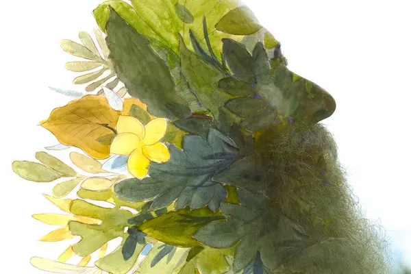 Профільний Портрет Бородатого Чоловіка Єднаного Картиною Жовтого Квітки Зеленого Листя Стокове Фото