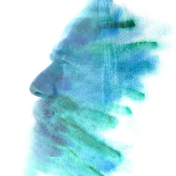 Портрет Старого Бородатого Чоловіка Поєднанні Абстрактним Синьо Зеленим Візерунком Фарби Ліцензійні Стокові Зображення