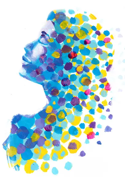 Kolorowy Malowany Portret Kobiety Zamkniętymi Oczami Połączony Abstrakcyjnym Wzorcem Punktowym Zdjęcia Stockowe bez tantiem