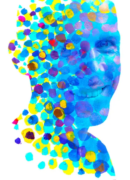 一幅笑容男子的单色肖像画 与一幅采用双面曝光技术的色彩斑斓的纹理画相结合 免版税图库图片