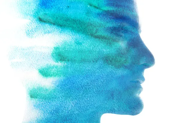 Profil Sziluett Egy Ember Kombinálva Kék Zöld Akvarell Egy Festményen Stock Fotó