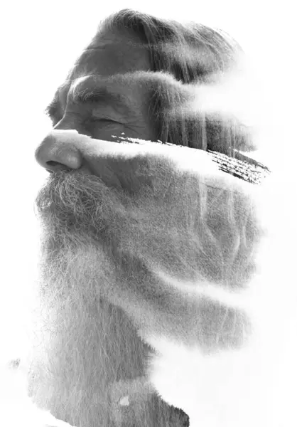 Egy Fekete Fehér Félprofilú Portré Egy Öreg Szakállas Férfiról Vizes Stock Kép