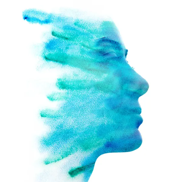 Egy Fiatal Profilja Egybeolvadt Egy Absztrakt Kék Zöld Festménnyel Festésben Stock Fotó