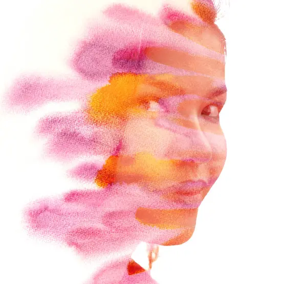 Egy Félprofilú Portré Egy Fiatal Ázsiai Nőről Aki Eltűnik Akvarellben Stock Kép