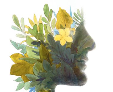 Yaratıcı bir resimde çiçek sanatı ile birleştirilmiş genç bir adamın profil portresi.