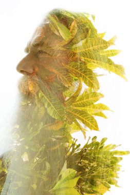 Sakallı yaşlı bir adamın profil portresi yeşil yapraklı bir fotoğrafla birleşti.