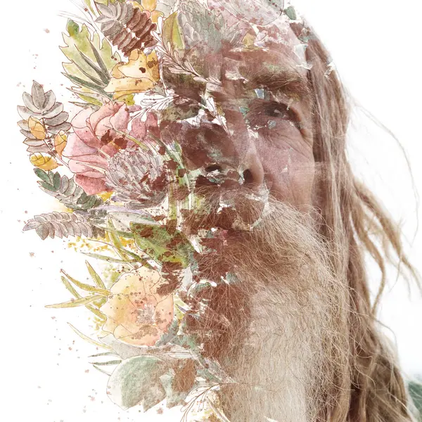 Egy Öreg Szakállas Férfi Művészi Portréja Virágfestészettel Kombinálva Kettős Expozíciós Stock Kép