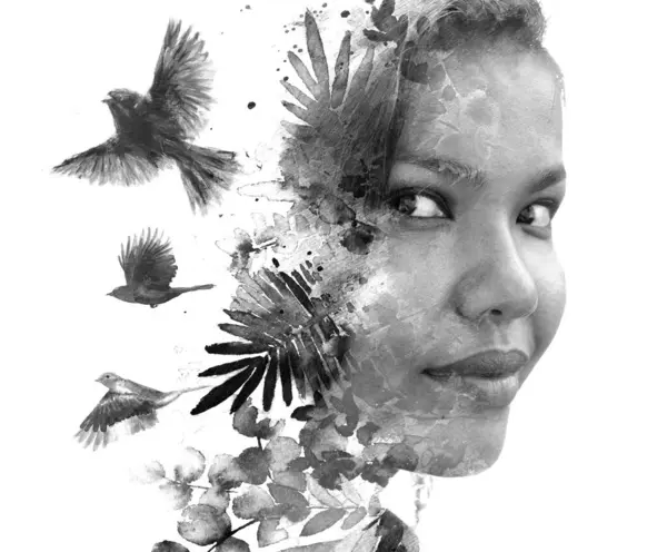 Black White Half Profile Portrait Young Asian Female Merged Painting Royalty Free Stock Images
