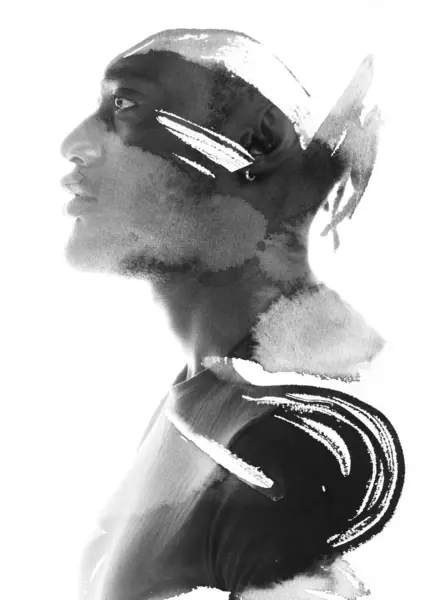 Černobílý Portrét Muže Kombinaci Abstraktní Kresbou Tahem Štětcem Dvojité Expozici Royalty Free Stock Obrázky