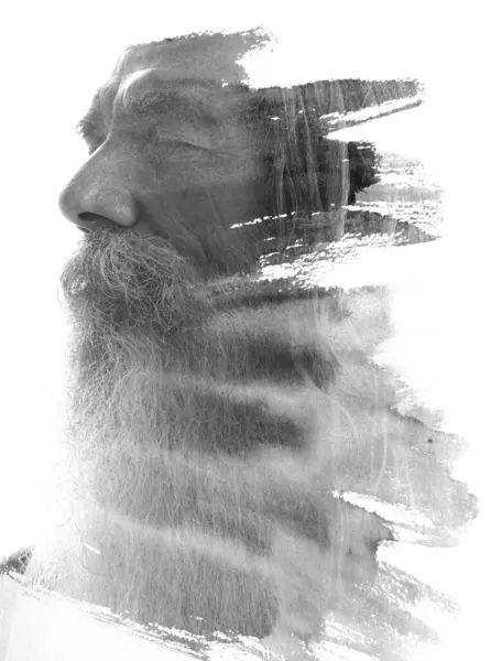 Zblízka Černobílý Portrét Vousatého Muže Zavřenýma Očima Kombinaci Vzorem Malířských Stock Snímky