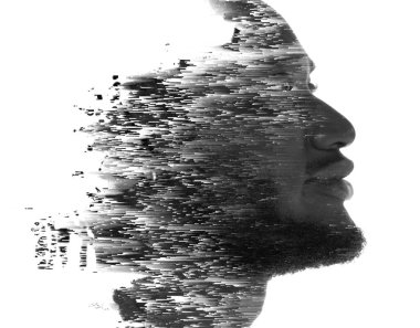 A black and white profile portrait of a man merged with abstract pattern in a paintography disappearing into background.. clipart
