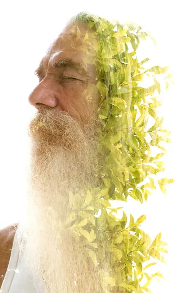 Напівпрофільний Портрет Старого Бородатого Чоловіка Закритими Очима Зливаються Листя Зеленого Ліцензійні Стокові Фото