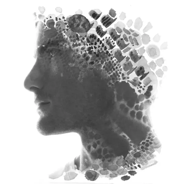 Profile Portrait Silhouette Man Merged Abstract Brush Stroke Pointelle Pattern Imagini stoc fără drepturi de autor