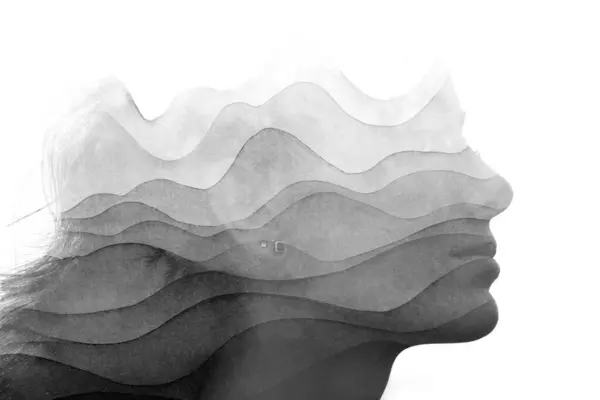 Black White Young Womans Profile Disappearing Wavy Gradient Pattern Paintography Stockbild