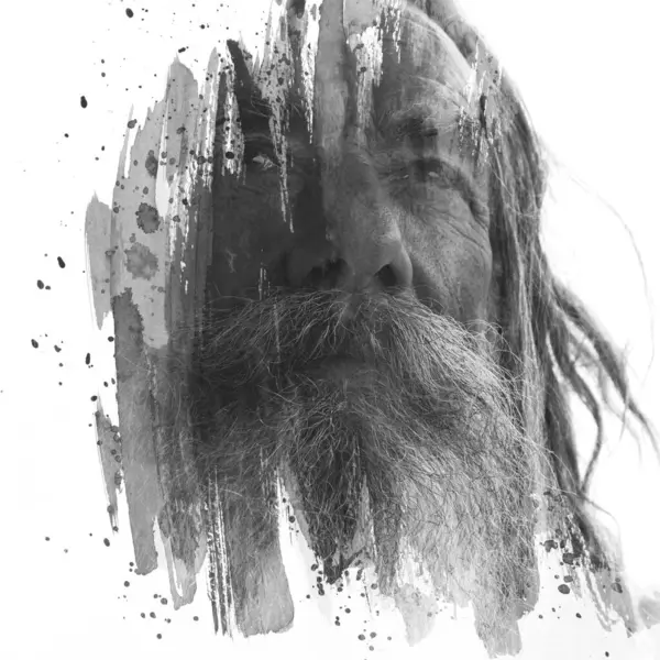 Black White Paintography Portrait Old Bearded Man Combined Brush Strokes Imagini stoc fără drepturi de autor