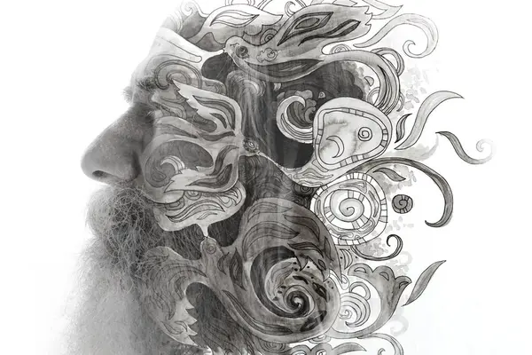 Чорно Білий Портрет Старого Бородатого Чоловіка Поєднанні Захоплюючим Графічним Візерунком Стокове Фото