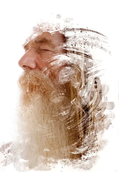 Half Profile Portrait Old Bearded Man Closed Eyes Merged Swirled Stockfoto