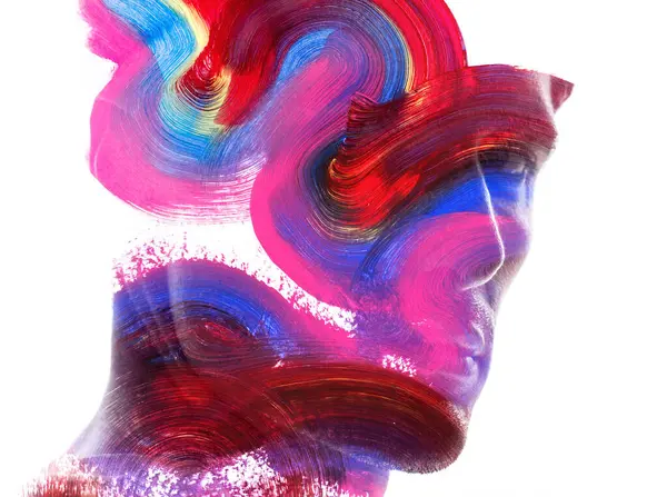 Half Profile Portrait Silhouette Man Merged Artistic Colorful Brush Stroke lizenzfreie Stockbilder