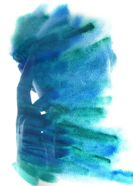 Portrétní Silueta Mladého Muže Rukou Tváři Kombinaci Modrozelenou Akvarel Malířském Stock Snímky