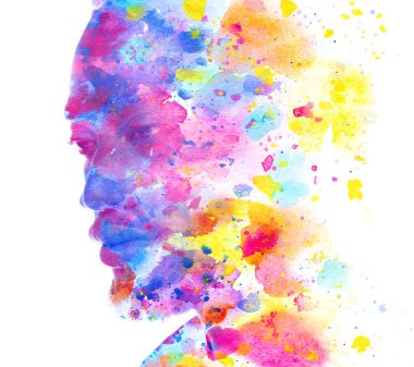 Düşünceli bir Afrikalı Amerikalı adamın portresi soyut renkli bir boya lekesi ile birleşti.