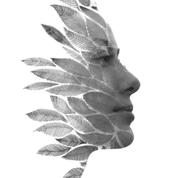 Young Womans Profile Disappearing Black White Graphical Leaf Pattern Paintography Imagini stoc fără drepturi de autor