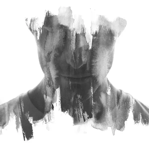 Retrato Frontal Completo Blanco Negro Hombre Fusionado Con Pinceladas Abstractas Imagen De Stock