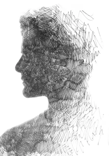Profile Portrait Silhouette Man Merged Abstract Graphic Texture Paintography Technique Imagem De Stock