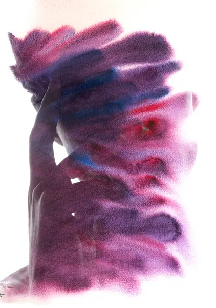 Portrétní Silueta Mladého Muže Rukou Tváři Kombinaci Akvarelem Malířském Podkroví Stock Snímky